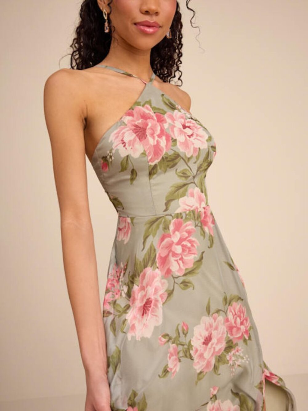 Lulus Romantic Marvel Sage Floral Print Halter Neck Maxi Dress Green - Size M